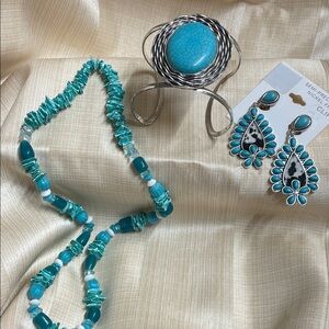 Turquoise and Silver Set Necklace, Clip Earrings & Bracelet